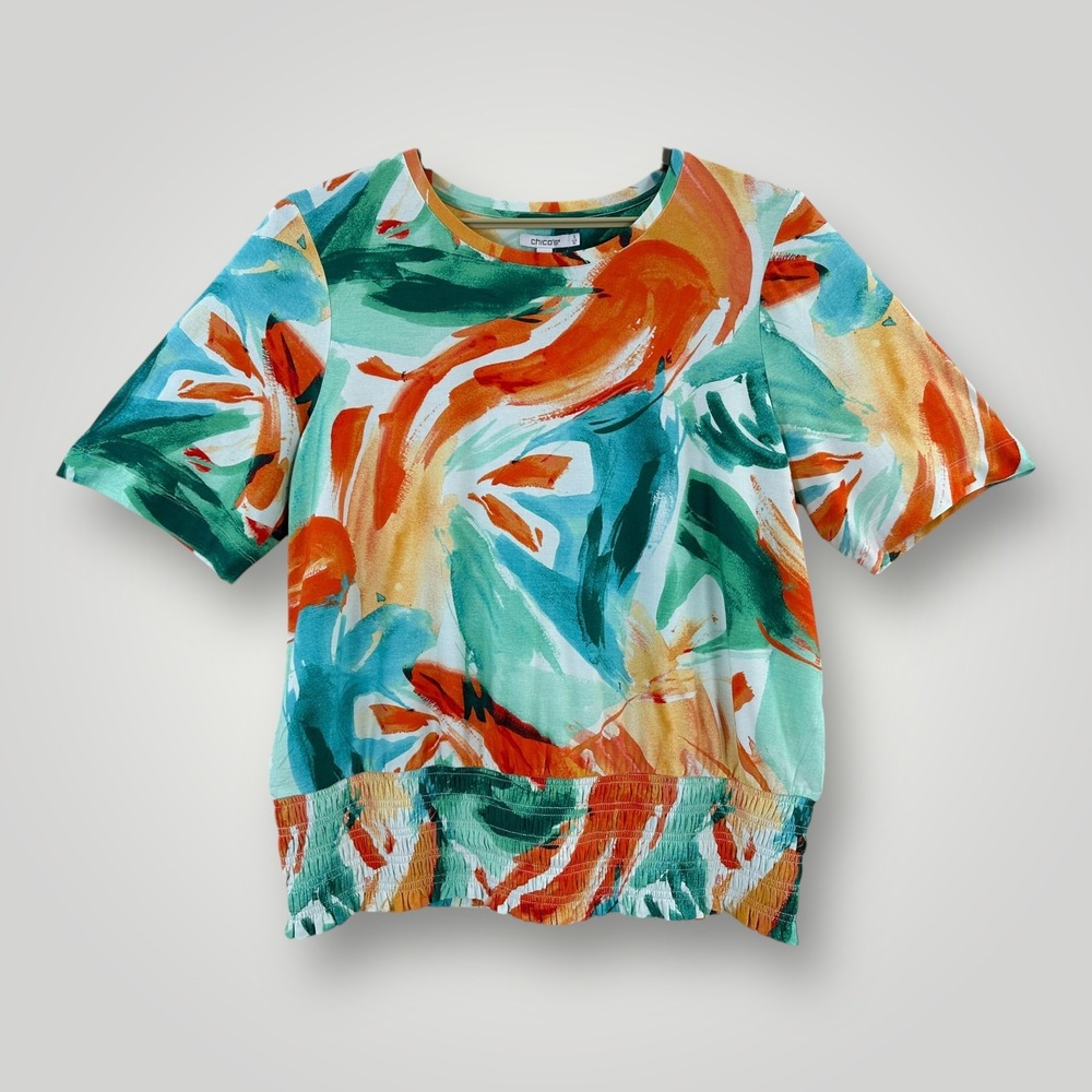 NEW Chicos Shirt Womens XL Multicolor Touch Of Cool Abstract Smock Hem Tee $69